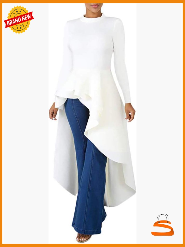 Long Sleeve Ruffle High Low Asymmetrical Peplum Dress Tunic